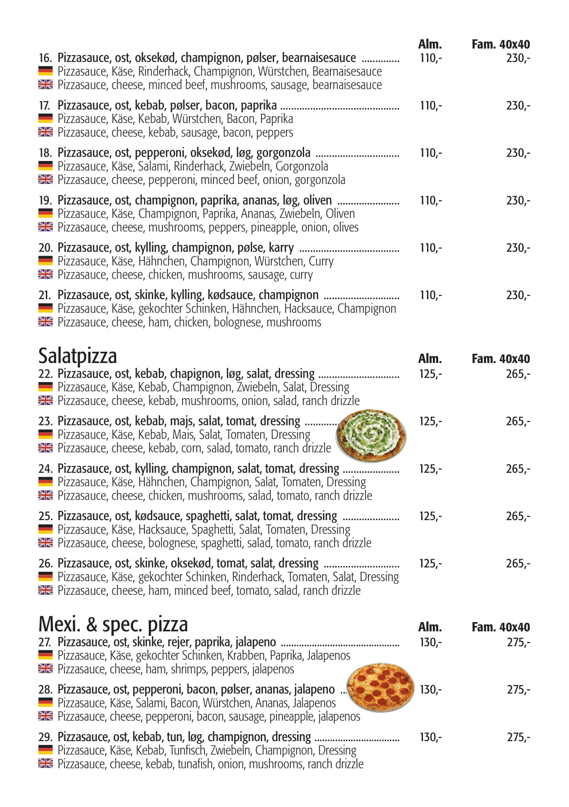 Pizza menu, Salat pizza, Mexi. & spec. pizza